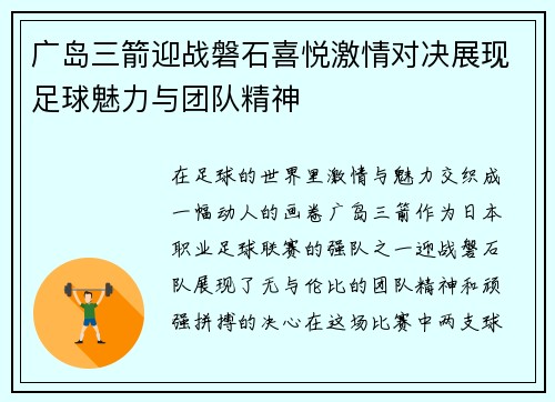 广岛三箭迎战磐石喜悦激情对决展现足球魅力与团队精神