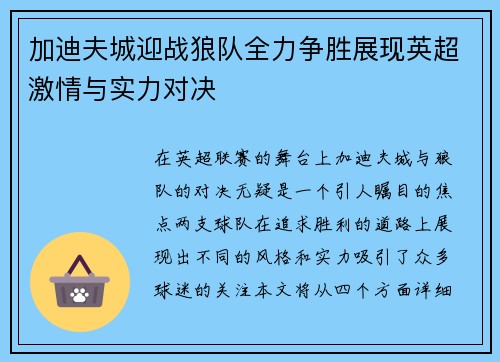 加迪夫城迎战狼队全力争胜展现英超激情与实力对决