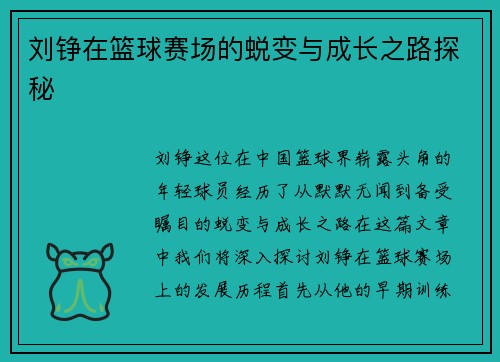 刘铮在篮球赛场的蜕变与成长之路探秘