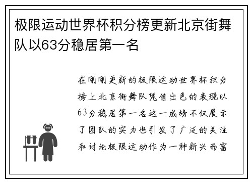 极限运动世界杯积分榜更新北京街舞队以63分稳居第一名