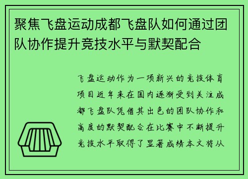 聚焦飞盘运动成都飞盘队如何通过团队协作提升竞技水平与默契配合