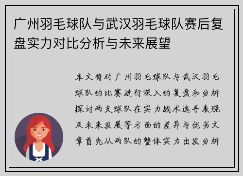 广州羽毛球队与武汉羽毛球队赛后复盘实力对比分析与未来展望