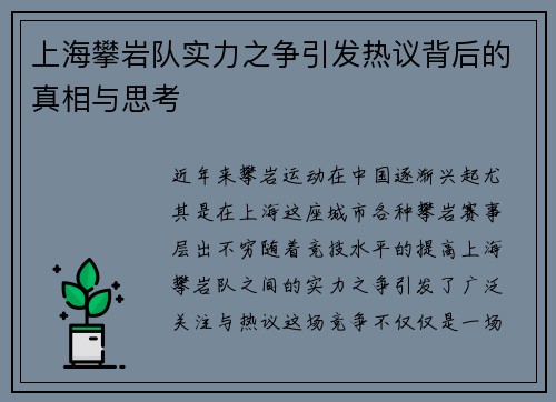 上海攀岩队实力之争引发热议背后的真相与思考