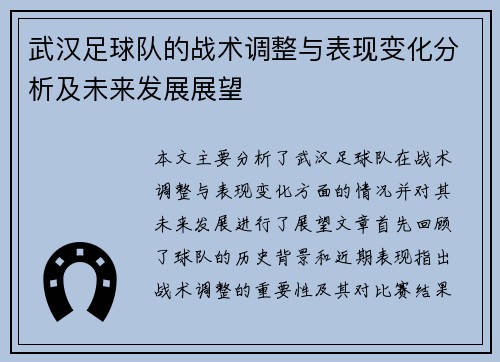 武汉足球队的战术调整与表现变化分析及未来发展展望